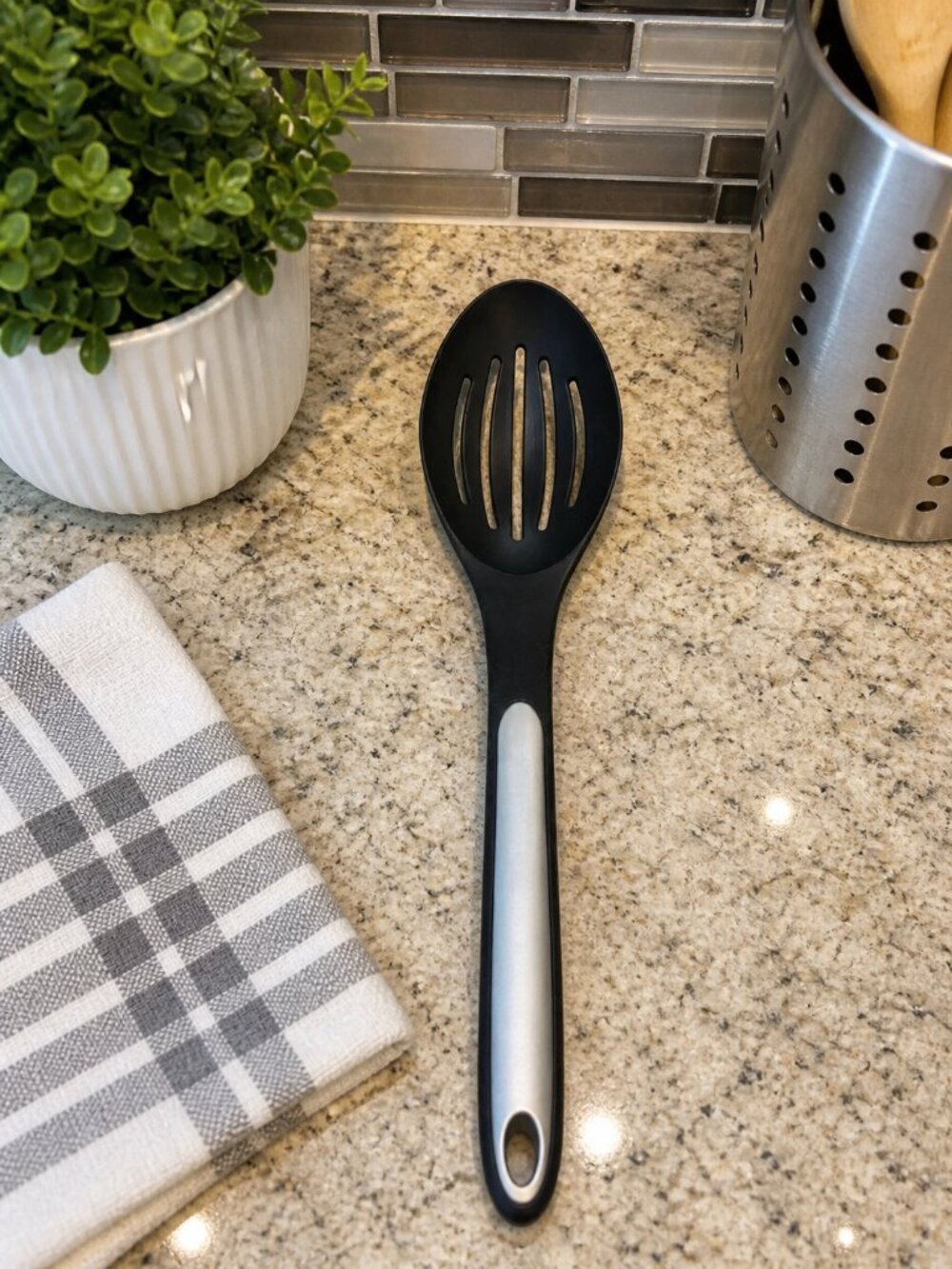 Calphalon Nylon‎ & Silicone Long Handle Black & Grey Slotted Spoon 13.5”